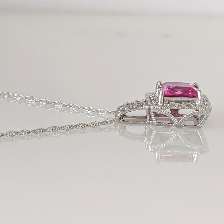 10K WHITE LAB-CREATED PINK SAPPHIRE PRINCESS CUT 7MM WITH (18) MELEE ESTATE PENDANT & CHAIN 2.8 GRAMS