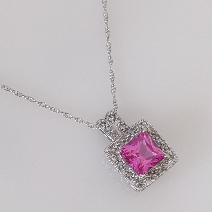 10K WHITE LAB-CREATED PINK SAPPHIRE PRINCESS CUT 7MM WITH (18) MELEE ESTATE PENDANT & CHAIN 2.8 GRAMS