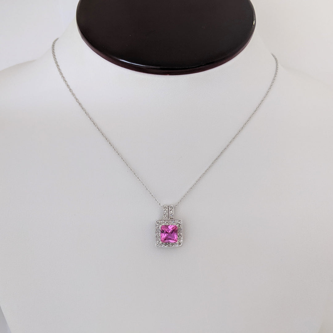 10K WHITE LAB-CREATED PINK SAPPHIRE PRINCESS CUT 7MM WITH (18) MELEE ESTATE PENDANT & CHAIN 2.8 GRAMS