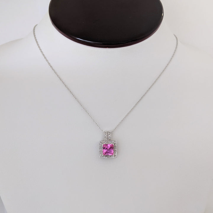 10K WHITE LAB-CREATED PINK SAPPHIRE PRINCESS CUT 7MM WITH (18) MELEE ESTATE PENDANT & CHAIN 2.8 GRAMS