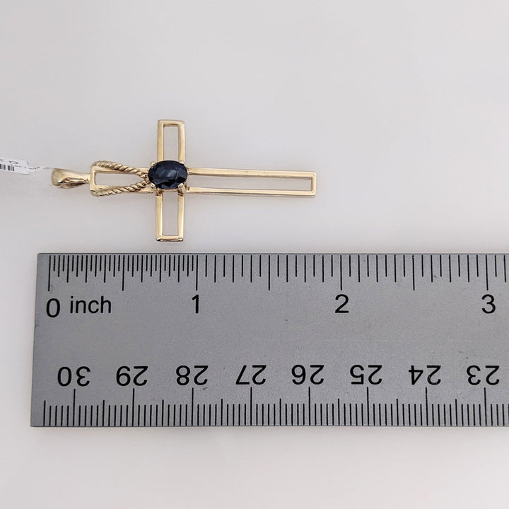 14K LAB-CREATED SAPPHIRE OVAL 5X7 OPEN CROSS ESTATE PENDANT 3.0 GRAMS