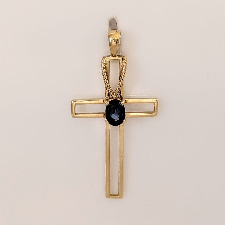 14K LAB-CREATED SAPPHIRE OVAL 5X7 OPEN CROSS ESTATE PENDANT 3.0 GRAMS