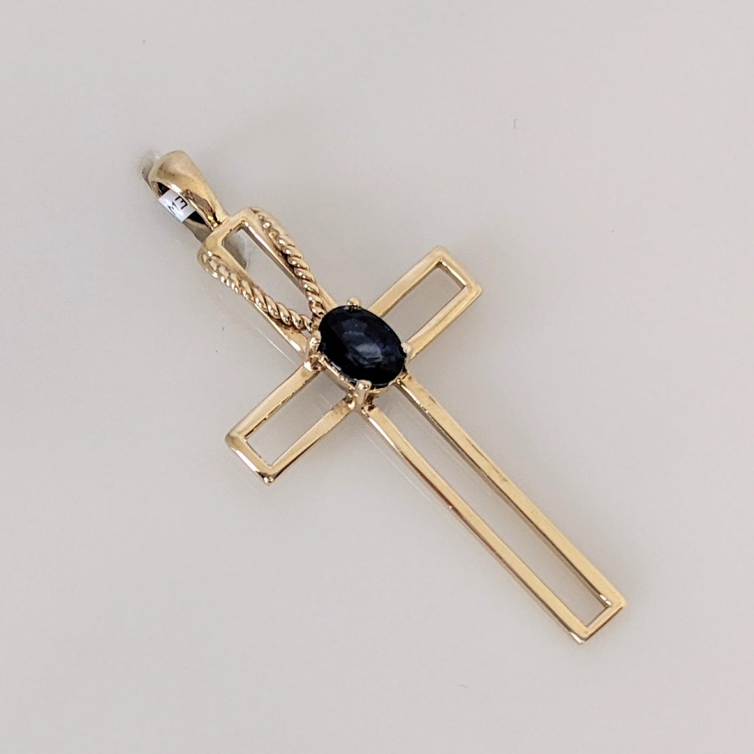 14K LAB-CREATED SAPPHIRE OVAL 5X7 OPEN CROSS ESTATE PENDANT 3.0 GRAMS