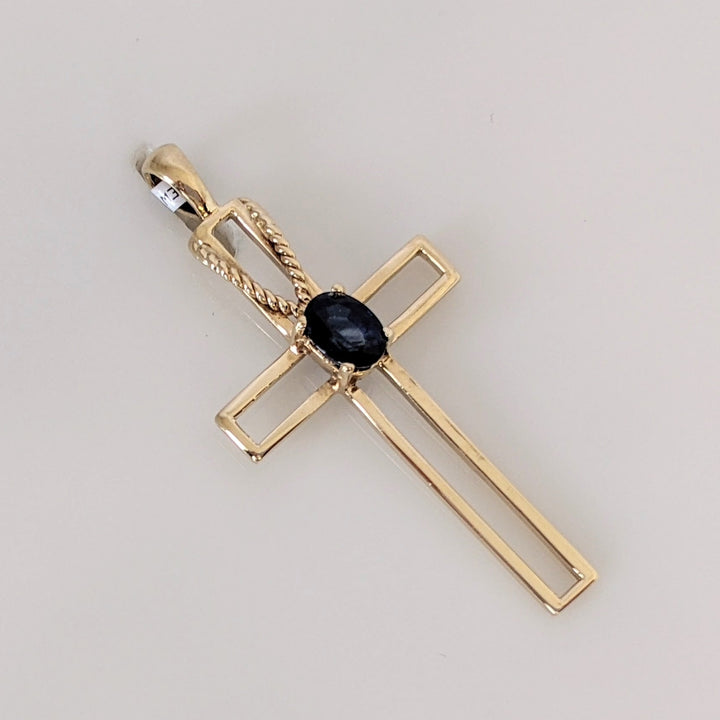 14K LAB-CREATED SAPPHIRE OVAL 5X7 OPEN CROSS ESTATE PENDANT 3.0 GRAMS