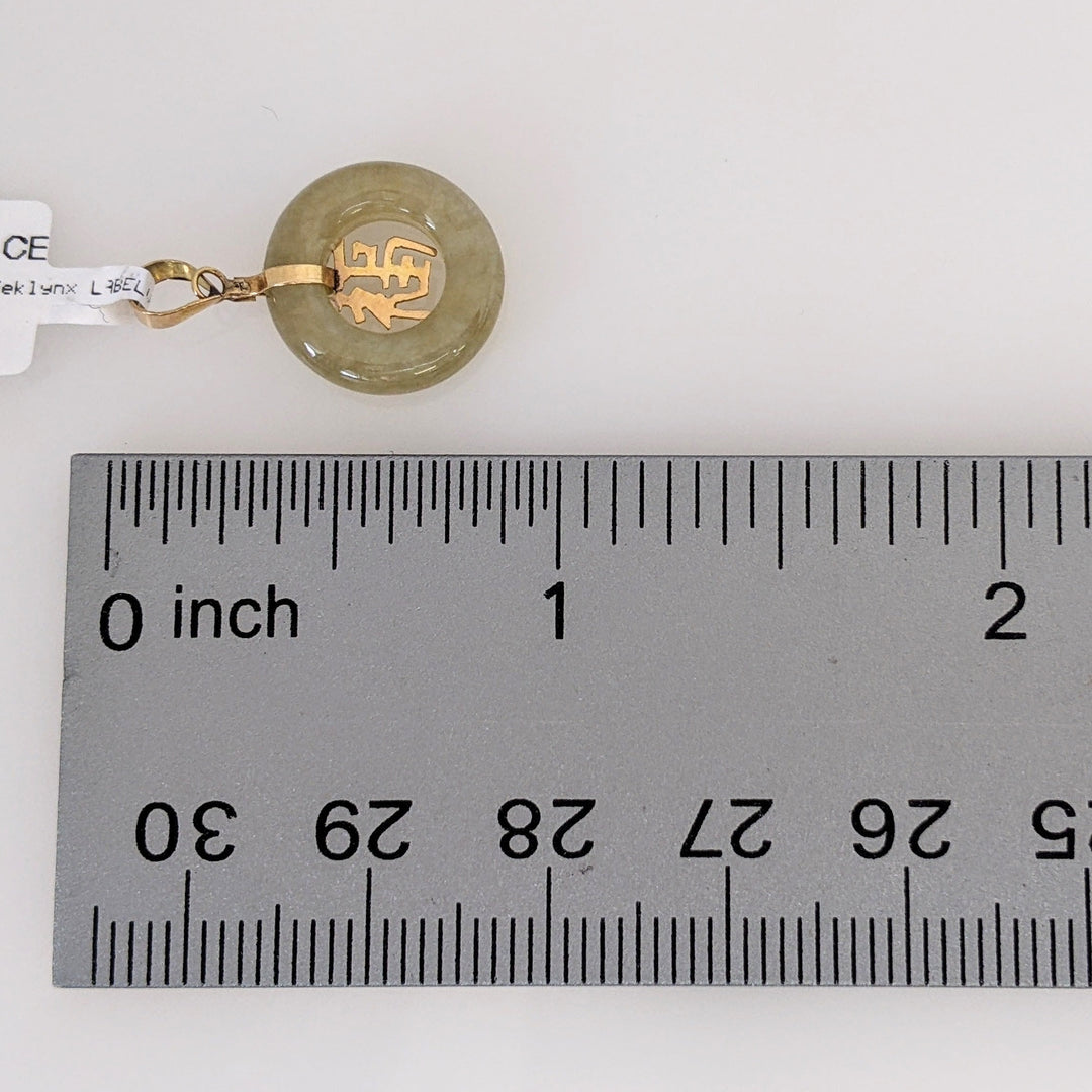 14K JADE CIRCLE WITH CHINESE SYMBOL CENTER ESTATE PENDANT 1.2 GRAMS