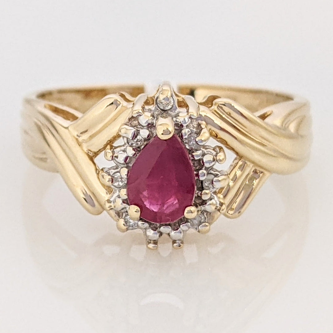 14K LAB-CREATED RUBY PEAR 4X6 WITH (12) MELEE ESTATE RING 2.7 GRAMS