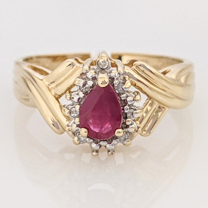 14K LAB-CREATED RUBY PEAR 4X6 WITH (12) MELEE ESTATE RING 2.7 GRAMS
