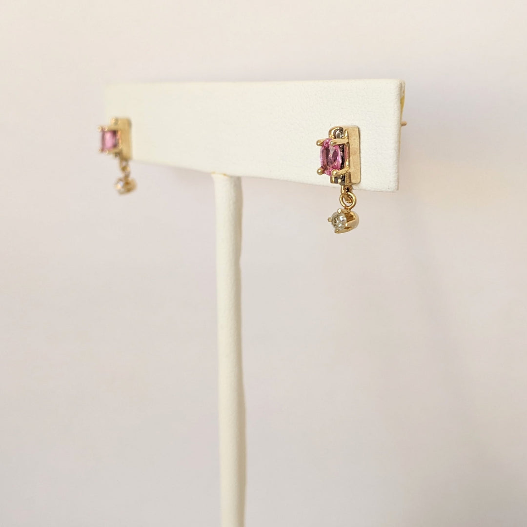 10K LAB-CREATED PINK SAPPHIRE OVAL 3X5 WITH .08 DIAMOND TOTAL WEIGHT DANGLE ESTATE EARRINGS 1.6 GRAMS