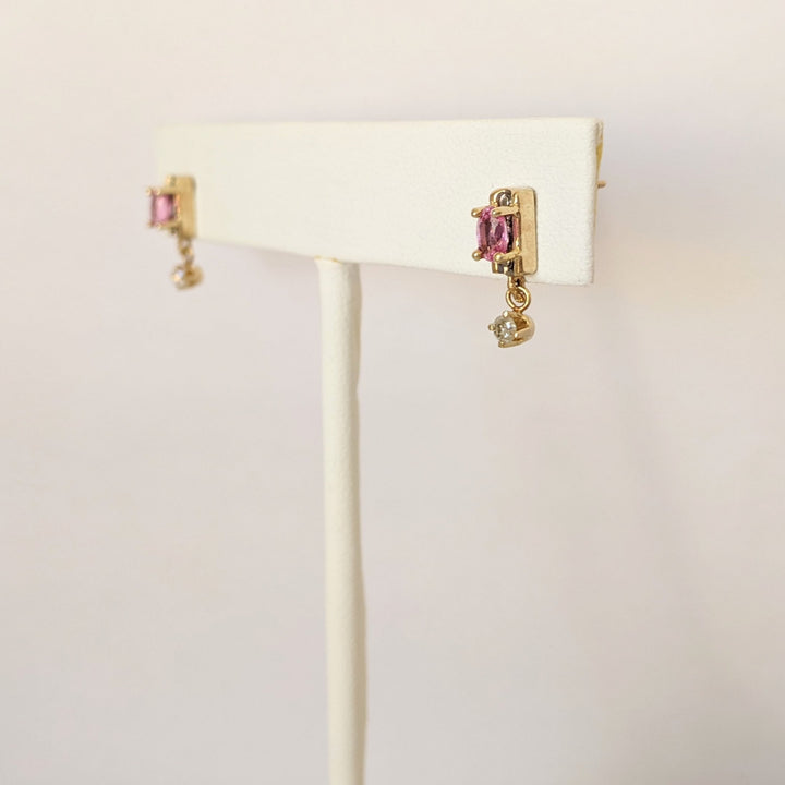 10K LAB-CREATED PINK SAPPHIRE OVAL 3X5 WITH .08 DIAMOND TOTAL WEIGHT DANGLE ESTATE EARRINGS 1.6 GRAMS