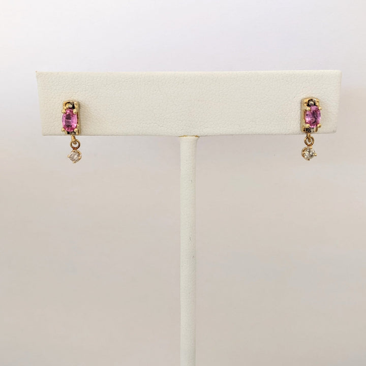 10K LAB-CREATED PINK SAPPHIRE OVAL 3X5 WITH .08 DIAMOND TOTAL WEIGHT DANGLE ESTATE EARRINGS 1.6 GRAMS