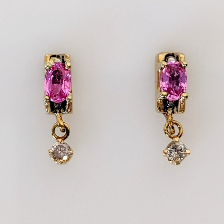 10K LAB-CREATED PINK SAPPHIRE OVAL 3X5 WITH .08 DIAMOND TOTAL WEIGHT DANGLE ESTATE EARRINGS 1.6 GRAMS