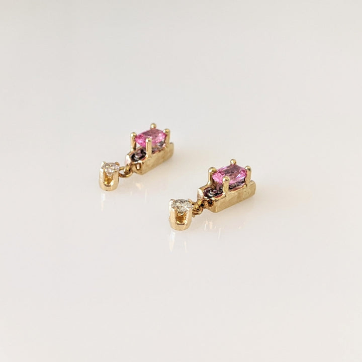 10K LAB-CREATED PINK SAPPHIRE OVAL 3X5 WITH .08 DIAMOND TOTAL WEIGHT DANGLE ESTATE EARRINGS 1.6 GRAMS