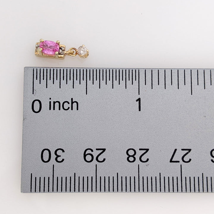 10K LAB-CREATED PINK SAPPHIRE OVAL 3X5 WITH .08 DIAMOND TOTAL WEIGHT DANGLE ESTATE EARRINGS 1.6 GRAMS
