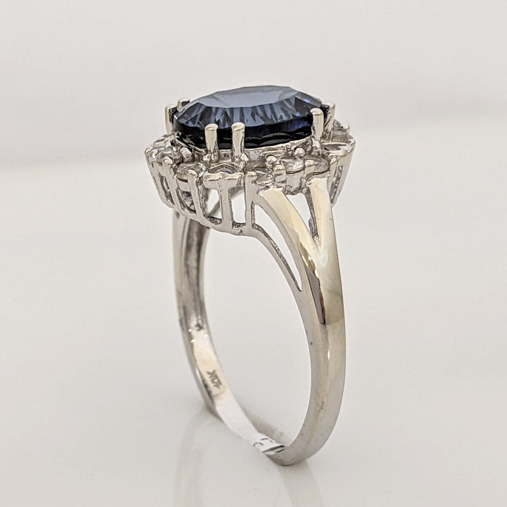 10K WHITE LAB-CREATED SAPPHIRE OVAL 8X10 WITH WHITE SAPPHIRE ESTATE RING 3.2 GRAMS