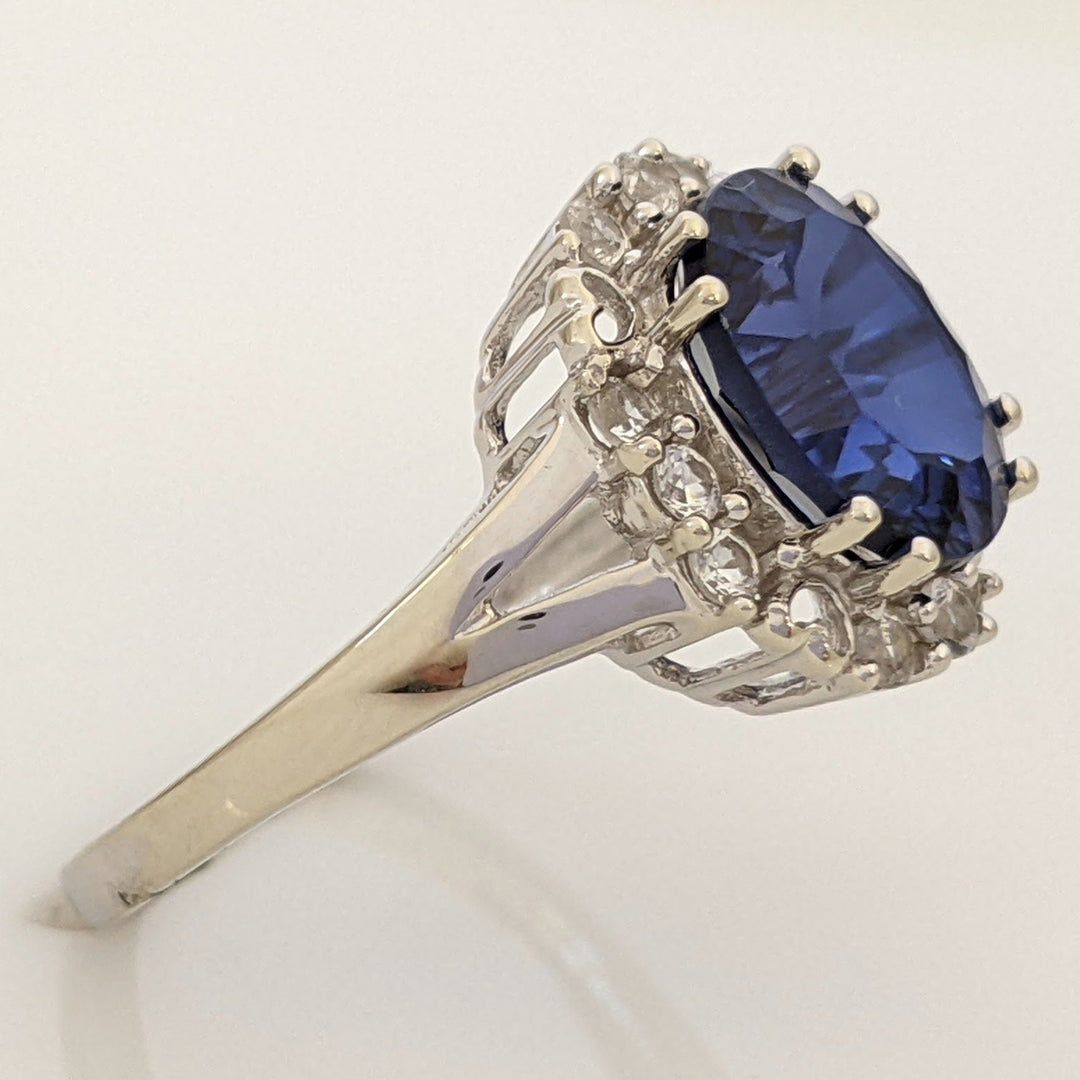 10K WHITE LAB-CREATED SAPPHIRE OVAL 8X10 WITH WHITE SAPPHIRE ESTATE RING 3.2 GRAMS
