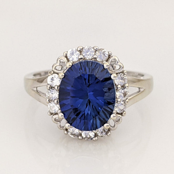 10K WHITE LAB-CREATED SAPPHIRE OVAL 8X10 WITH WHITE SAPPHIRE ESTATE RING 3.2 GRAMS