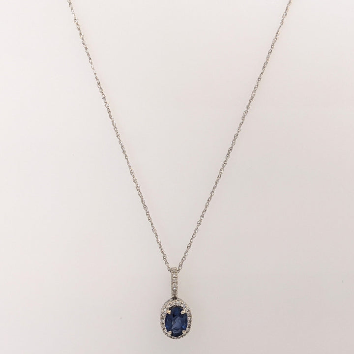 14K WHITE SAPPHIRE OVAL 5X7 WITH .13 DIAMOND TOTAL WEIGHT (26) ROUND ESTATE PENDANT & CHAIN 1.6 GRAMS