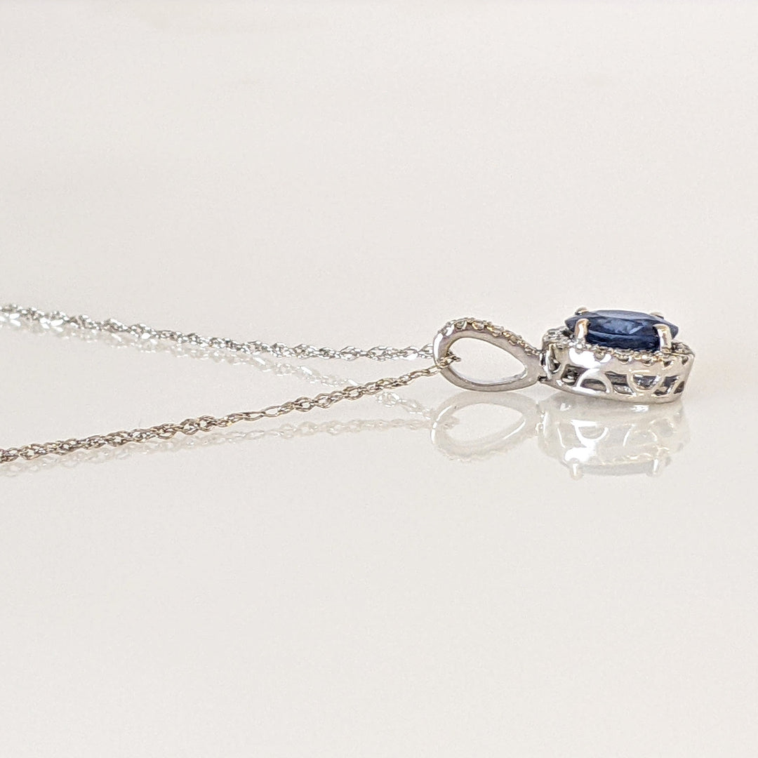 14K WHITE SAPPHIRE OVAL 5X7 WITH .13 DIAMOND TOTAL WEIGHT (26) ROUND ESTATE PENDANT & CHAIN 1.6 GRAMS
