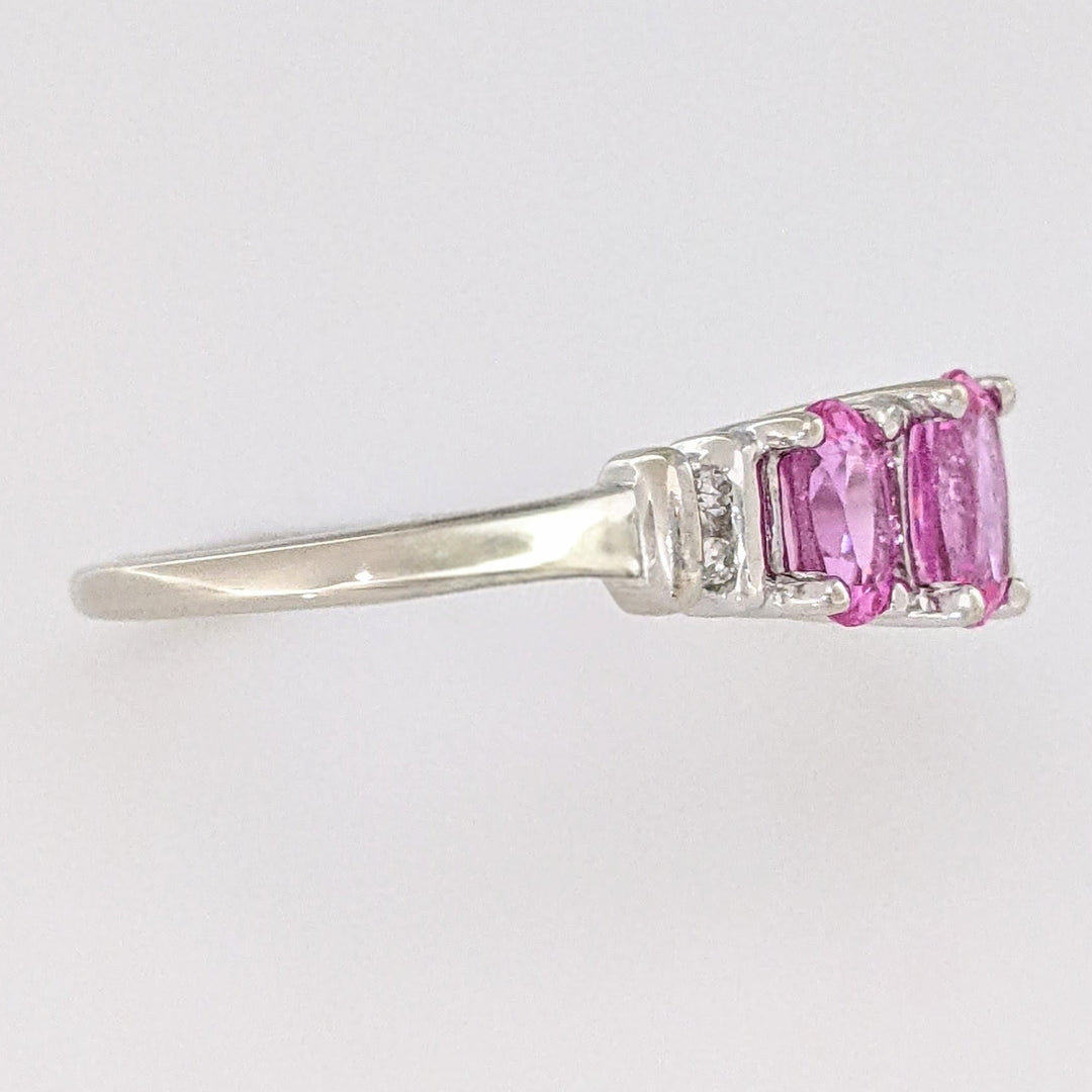 10K WHITE LAB-CREATED PINK SAPPHIRE OVAL 4X6 WITH (2) 3X5 AND (4) MELEE ESTATE RING 2.1 GRAMS