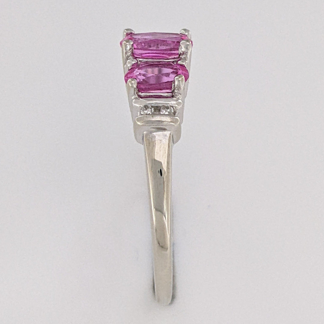 10K WHITE LAB-CREATED PINK SAPPHIRE OVAL 4X6 WITH (2) 3X5 AND (4) MELEE ESTATE RING 2.1 GRAMS