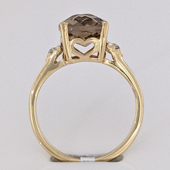 14K SMOKEY QUARTZ CUSHION CUT 8X10 WITH (2) MELEE ESTATE RING 2.5 GRAMS