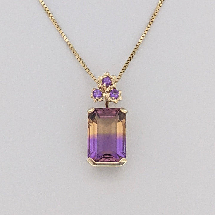 14K AMETRINE EMERALD CUT 10X12 WITH (3) ROUND AMETHYST ESTATE PENDANT & CHAIN 6.1 GRAMS