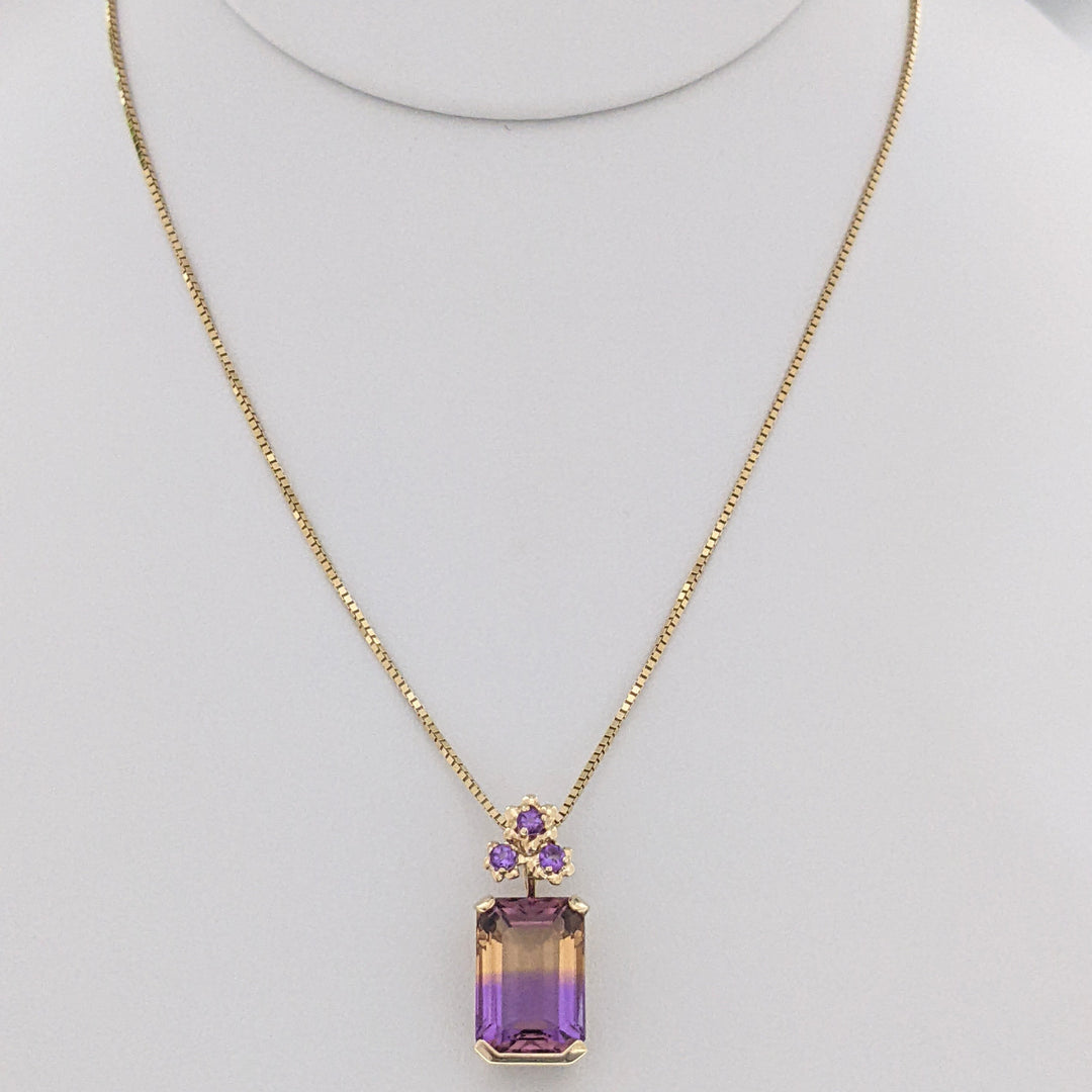 14K AMETRINE EMERALD CUT 10X12 WITH (3) ROUND AMETHYST ESTATE PENDANT & CHAIN 6.1 GRAMS