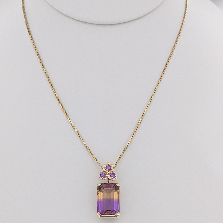 14K AMETRINE EMERALD CUT 10X12 WITH (3) ROUND AMETHYST ESTATE PENDANT & CHAIN 6.1 GRAMS