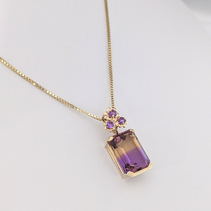 14K AMETRINE EMERALD CUT 10X12 WITH (3) ROUND AMETHYST ESTATE PENDANT & CHAIN 6.1 GRAMS