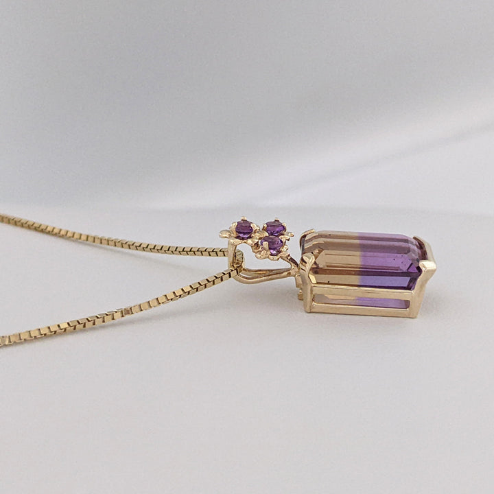 14K AMETRINE EMERALD CUT 10X12 WITH (3) ROUND AMETHYST ESTATE PENDANT & CHAIN 6.1 GRAMS