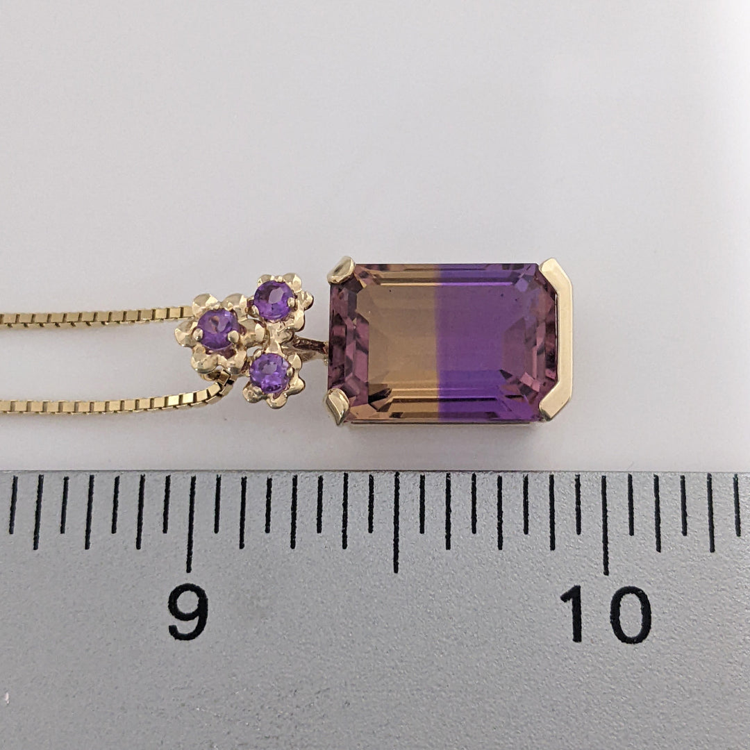 14K AMETRINE EMERALD CUT 10X12 WITH (3) ROUND AMETHYST ESTATE PENDANT & CHAIN 6.1 GRAMS