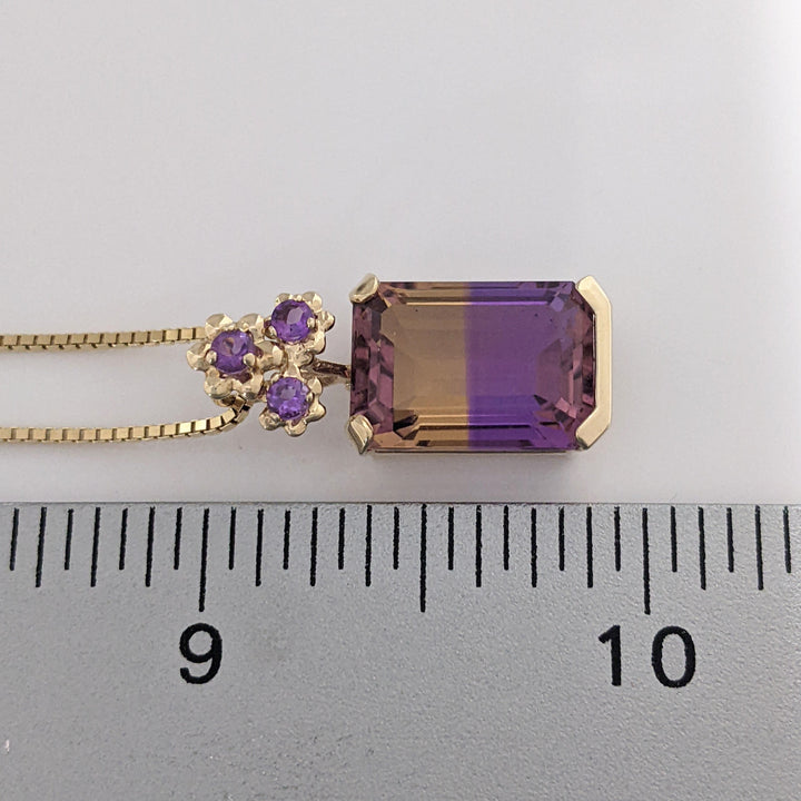 14K AMETRINE EMERALD CUT 10X12 WITH (3) ROUND AMETHYST ESTATE PENDANT & CHAIN 6.1 GRAMS