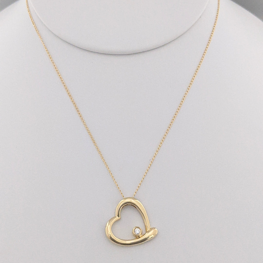 14K .03 CARAT TOTAL DIAMOND ROUND BEZEL OPEN HEART ESTATE PENDANT & CHAIN 3.0 GRAMS