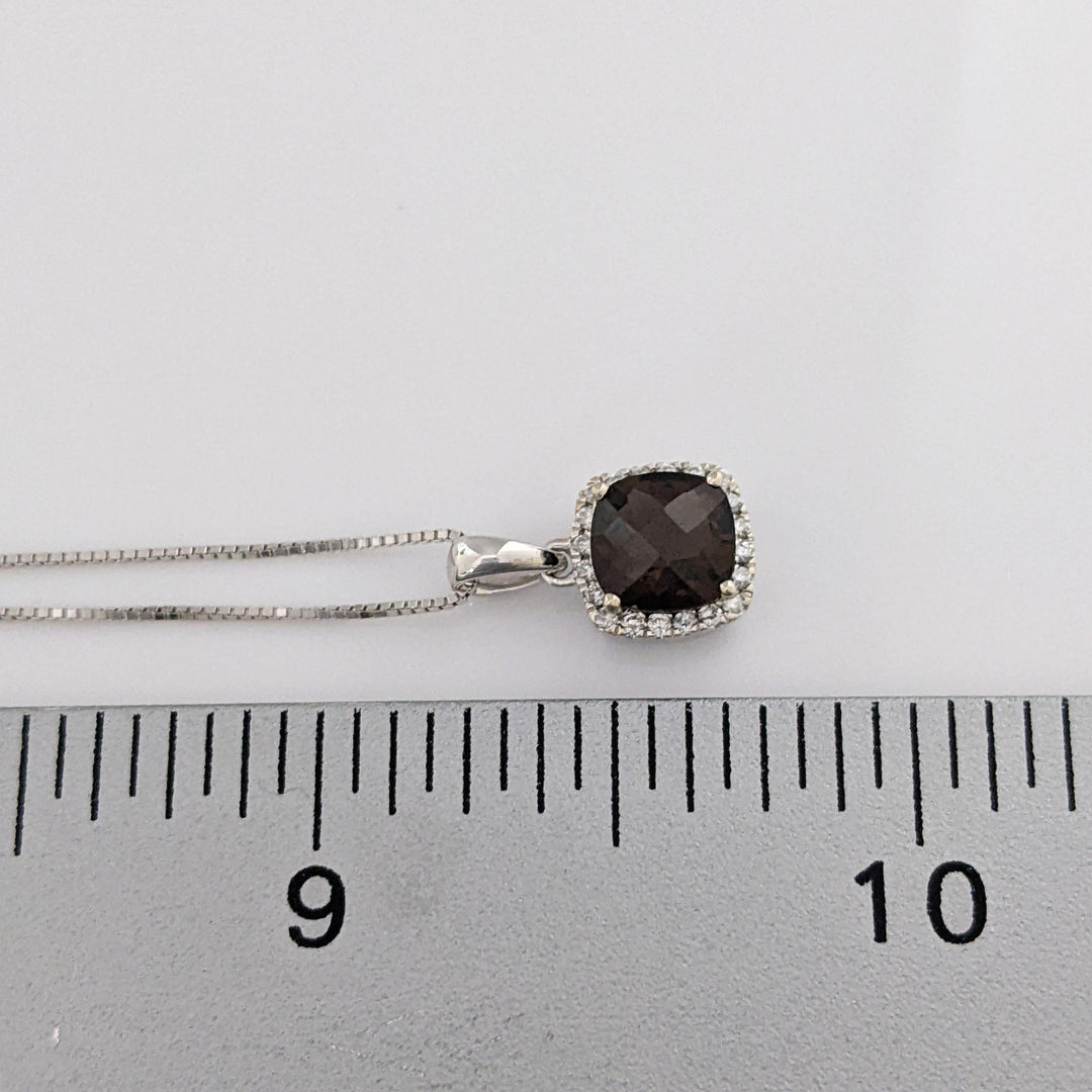14K WHITE SMOKEY TOPAZ CUSHION CUT 6MM HALO ESTATE PENDANT & CHAIN 1.9 GRAMS