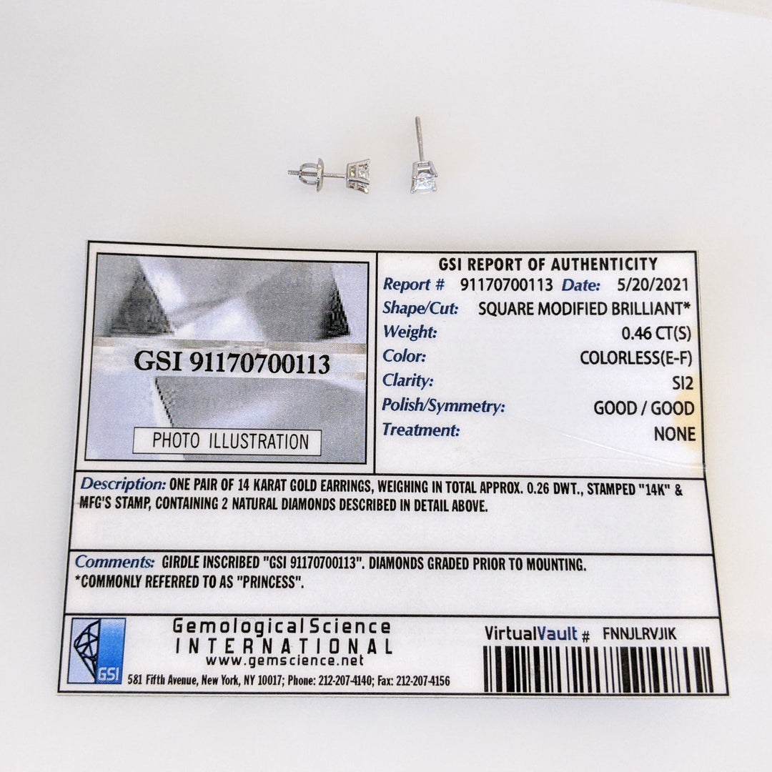 14K WHITE .46 CARAT TOTAL WEIGHT SI2 E-F DIAMOND PRINCESS CUT (2) ESTATE STUD EARRINGS 0.8 GRAMS