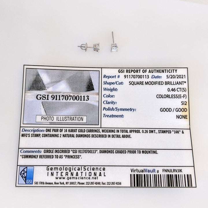 14K WHITE .46 CARAT TOTAL WEIGHT SI2 E-F DIAMOND PRINCESS CUT (2) ESTATE STUD EARRINGS 0.8 GRAMS