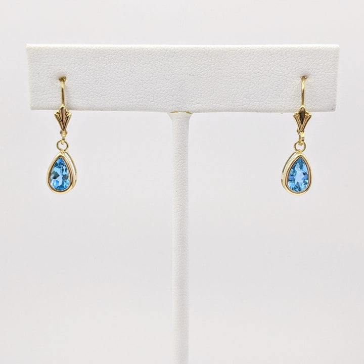 10K BLUE TOPAZ PEAR 5X7 BEZEL LEVERBACK ESTATE EARRINGS 1.5 GRAMS