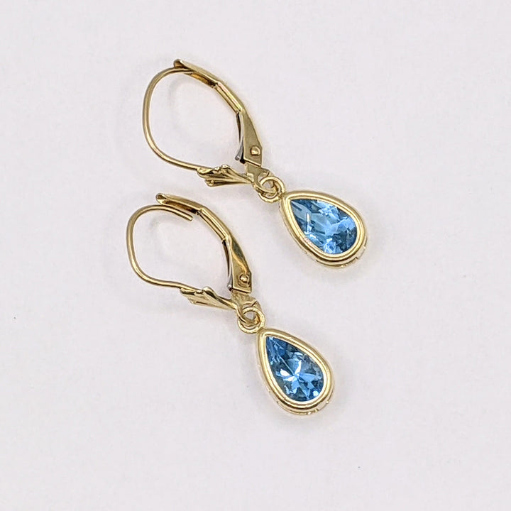 10K BLUE TOPAZ PEAR 5X7 BEZEL LEVERBACK ESTATE EARRINGS 1.5 GRAMS