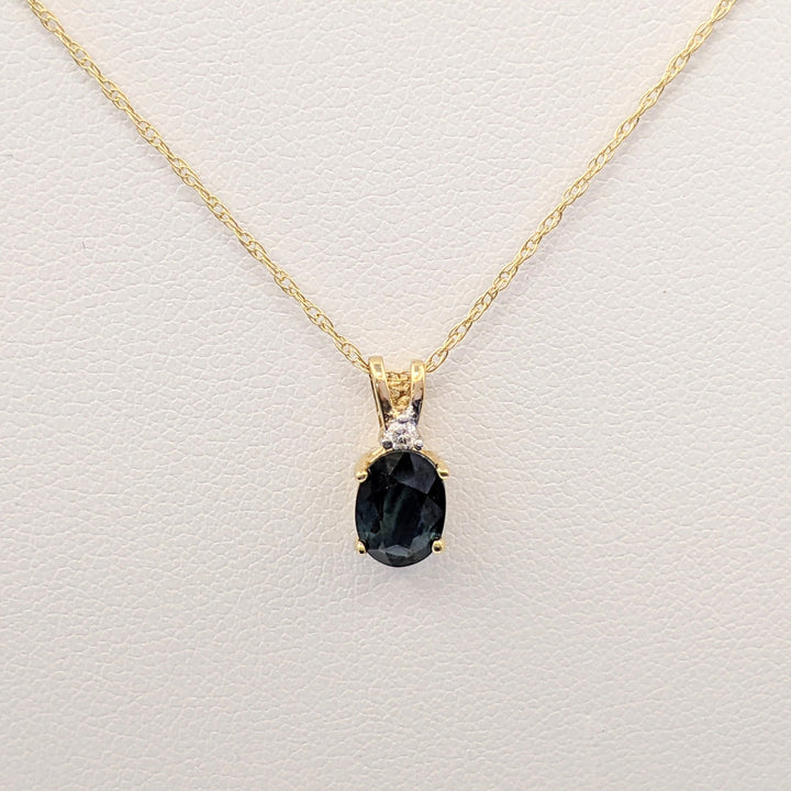 14K SAPPHIRE OVAL 5X7 WITH MELEE ESTATE PENDANT & CHAIN 1.2 GRAMS