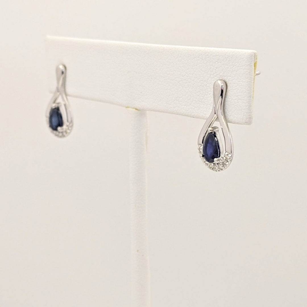 14K WHITE LAB-CREATED SAPPHIRE PEAR 4X6 WITH .14 DIAMOND TOTAL WEIGHT ESTATE DANGLE EARRINGS 2.2 GRAMS