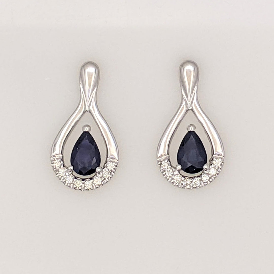 14K WHITE LAB-CREATED SAPPHIRE PEAR 4X6 WITH .14 DIAMOND TOTAL WEIGHT ESTATE DANGLE EARRINGS 2.2 GRAMS