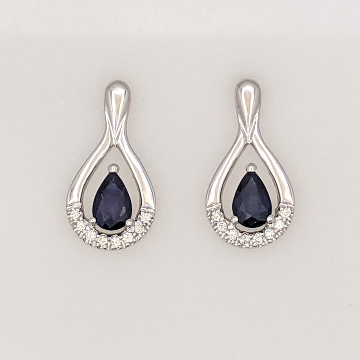 14K WHITE LAB-CREATED SAPPHIRE PEAR 4X6 WITH .14 DIAMOND TOTAL WEIGHT ESTATE DANGLE EARRINGS 2.2 GRAMS