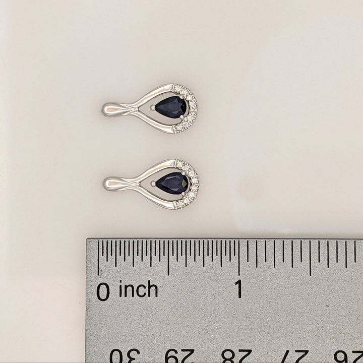 14K WHITE LAB-CREATED SAPPHIRE PEAR 4X6 WITH .14 DIAMOND TOTAL WEIGHT ESTATE DANGLE EARRINGS 2.2 GRAMS