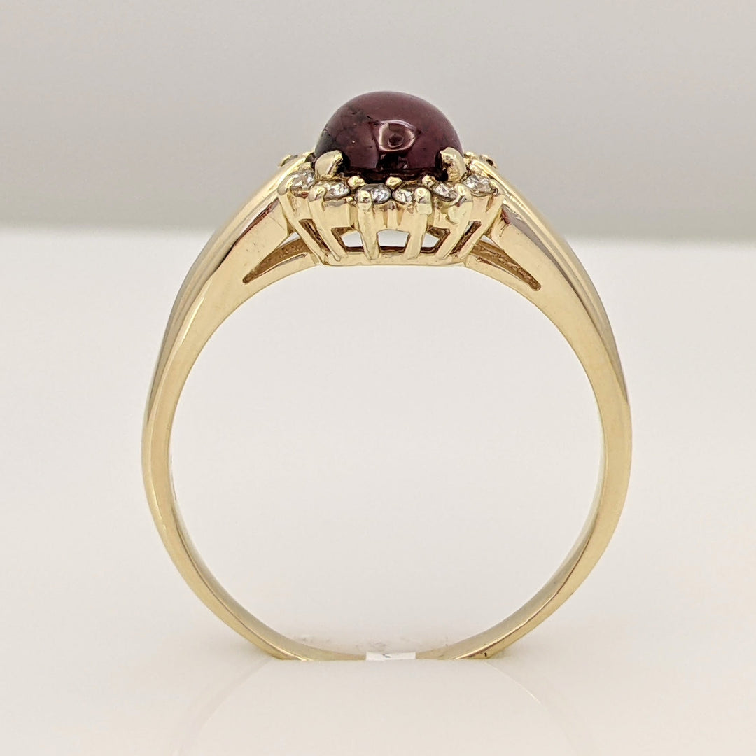 14K LAB-CREATED RUBY CABOCHON OVAL 7X9 WITH .18 DIAMOND TOTAL WEIGHT ESTATE RING 4.3 GRAMS