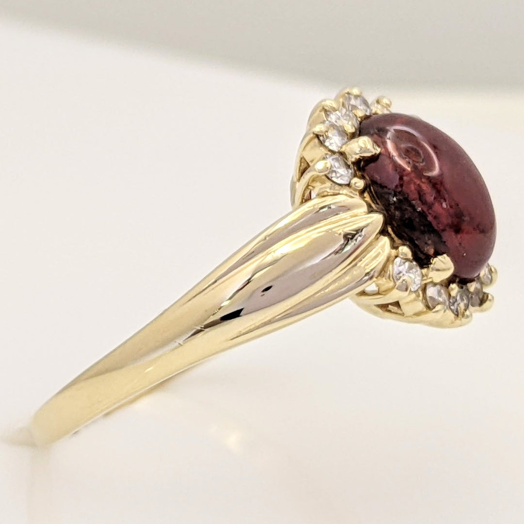 14K LAB-CREATED RUBY CABOCHON OVAL 7X9 WITH .18 DIAMOND TOTAL WEIGHT ESTATE RING 4.3 GRAMS