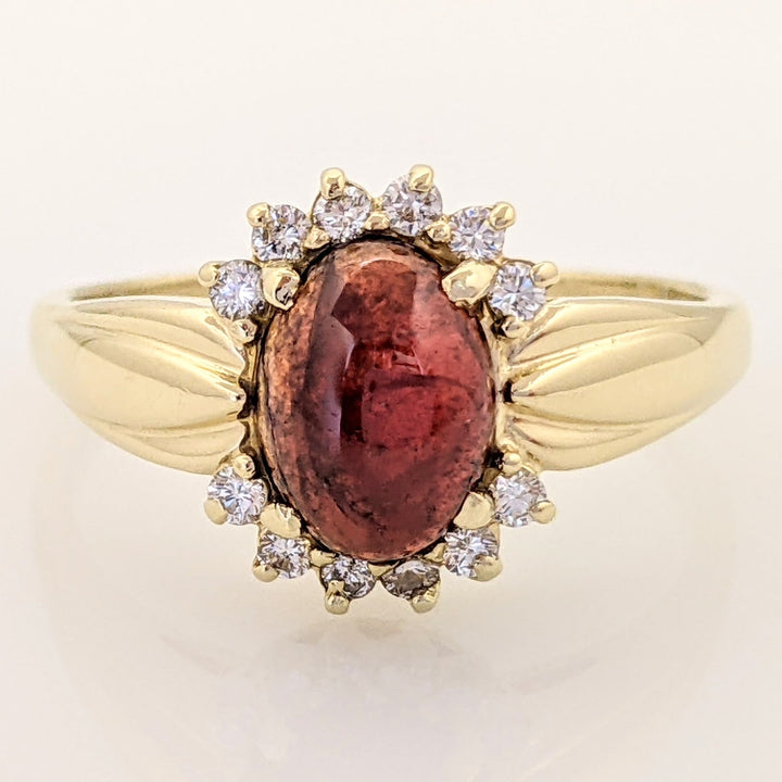 14K LAB-CREATED RUBY CABOCHON OVAL 7X9 WITH .18 DIAMOND TOTAL WEIGHT ESTATE RING 4.3 GRAMS