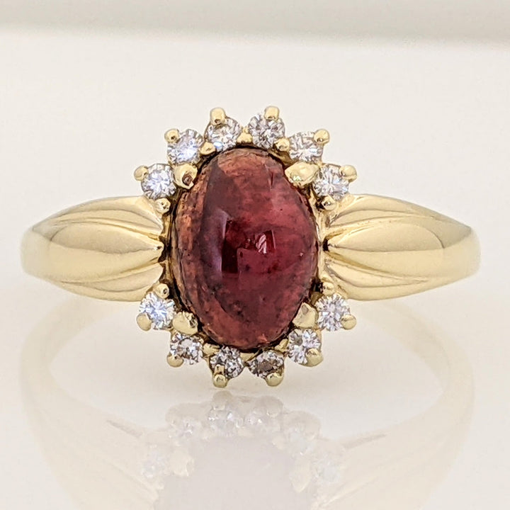 14K LAB-CREATED RUBY CABOCHON OVAL 7X9 WITH .18 DIAMOND TOTAL WEIGHT ESTATE RING 4.3 GRAMS