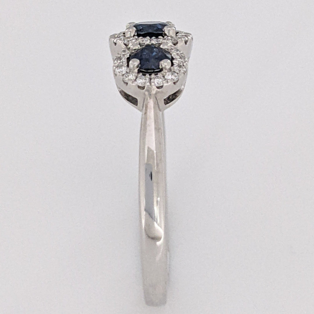 14K WHITE SAPPHIRE ROUND (3) 3-4MM WITH .28 DIAMOND TOTAL WEIGHT ESTATE HALO TRINITY RING 2.9 GRAMS