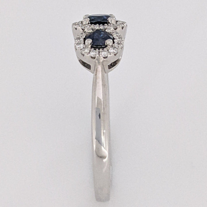 14K WHITE SAPPHIRE ROUND (3) 3-4MM WITH .28 DIAMOND TOTAL WEIGHT ESTATE HALO TRINITY RING 2.9 GRAMS
