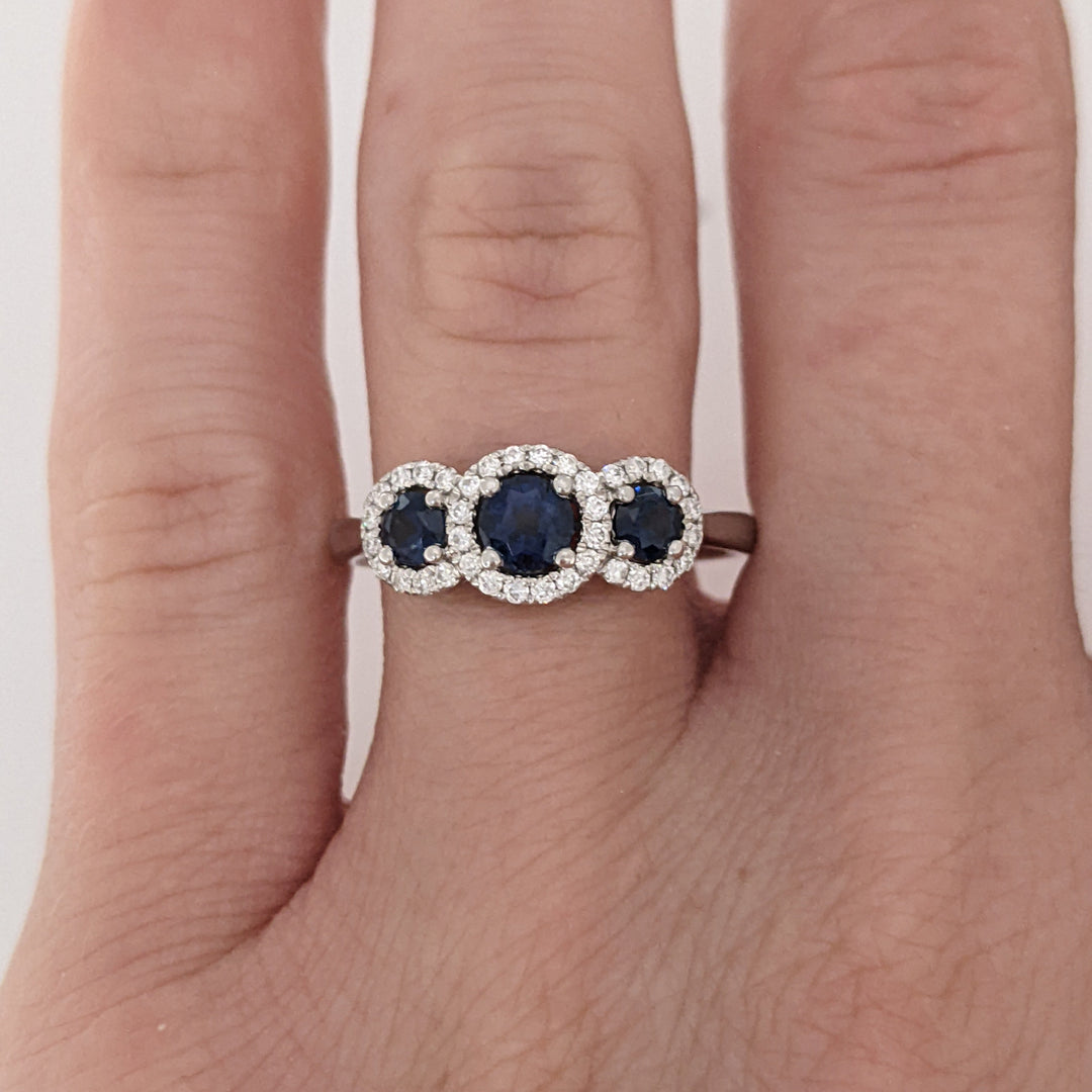 14K WHITE SAPPHIRE ROUND (3) 3-4MM WITH .28 DIAMOND TOTAL WEIGHT ESTATE HALO TRINITY RING 2.9 GRAMS